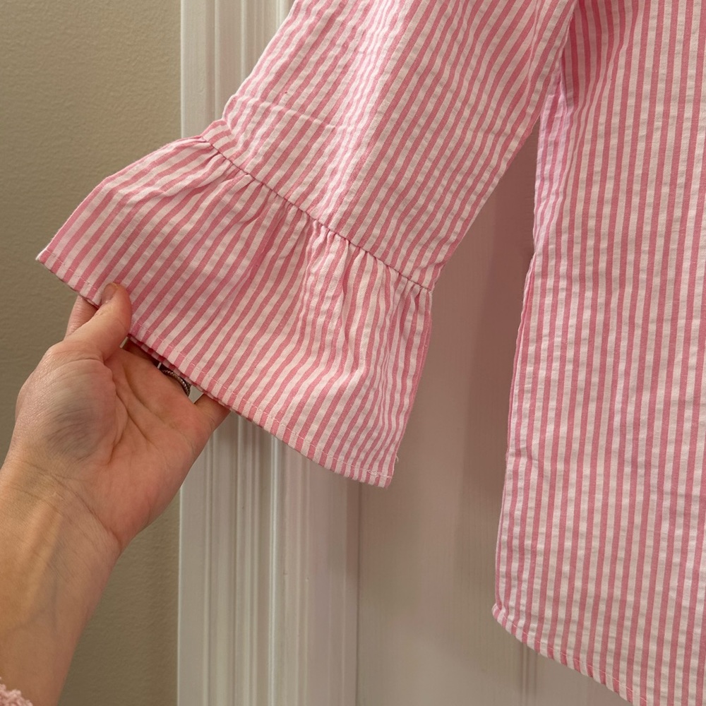 NWT small boutique pink white seersucker bell sleeve tunic top blouse